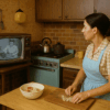 Mujer cocinando en una cocina doméstica de los años 60 mientras observa un programa de cocina en un televisor antiguo.