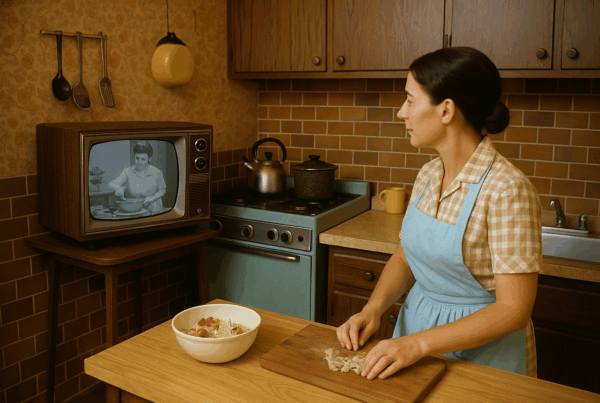 Mujer cocinando en una cocina doméstica de los años 60 mientras observa un programa de cocina en un televisor antiguo.