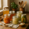 Frascos con alimentos fermentados caseros sobre una mesa, ideales para una alimentación saludable.