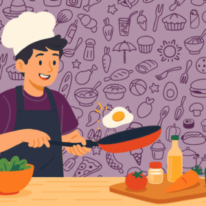 Adolescente cocinando durante un curso de verano en Ambrosía Centro Culinario, con ingredientes frescos sobre la mesa. Ilustración colorida ideal para teens de 13 a 16 años.