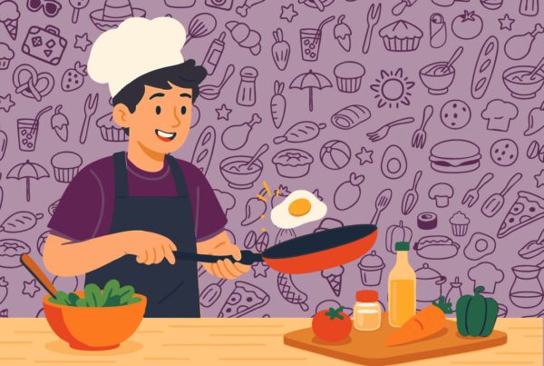 Adolescente cocinando durante un curso de verano en Ambrosía Centro Culinario, con ingredientes frescos sobre la mesa. Ilustración colorida ideal para teens de 13 a 16 años.