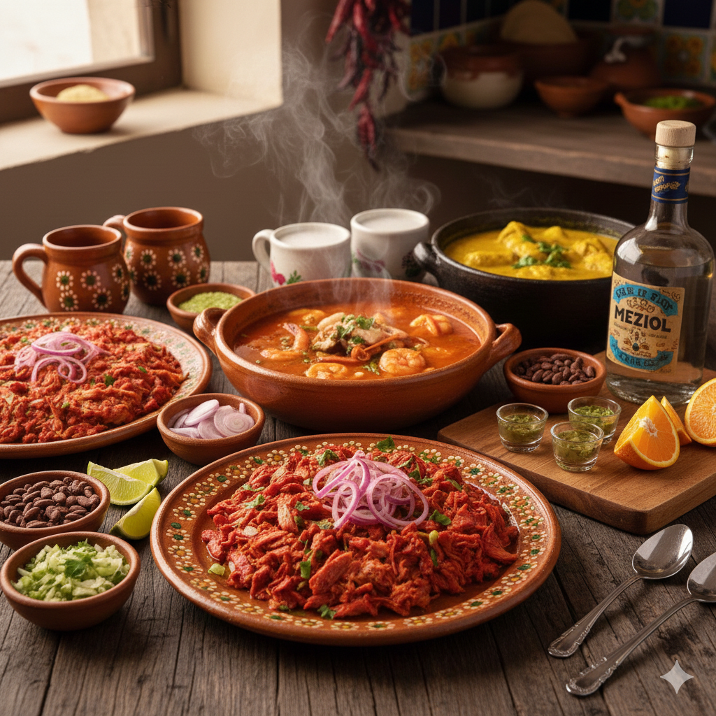 Gastronomia por los estados de México, cochinita pibil, moles, mezcal, etc