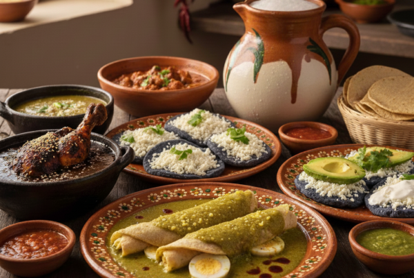 Mesa con papadzules, tlacoyos, chapulines, moles