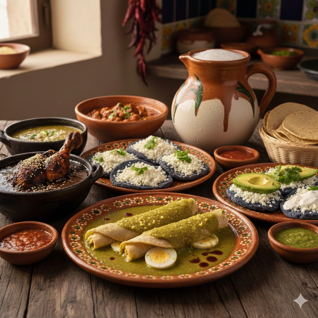 Mesa con papadzules, tlacoyos, chapulines, moles